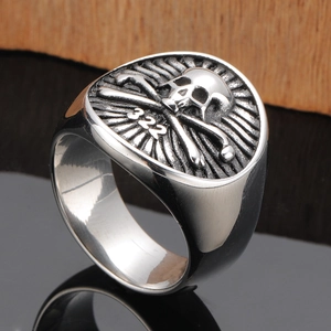 Polished stainless steel punk skull signet ring for men with 322 crossbones engraving