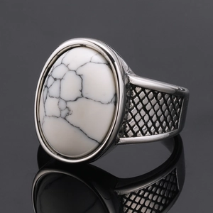 Vintage stainless steel ring for men with oval white turquoise and lattice engraving