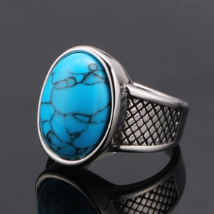 Punk vintage stainless steel ring for men featuring an oval turquoise stone and mesh texture