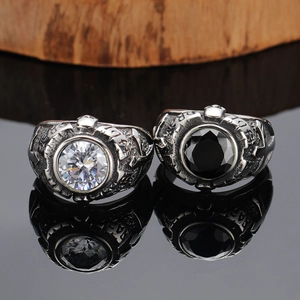 Retro gothic titanium steel rings with black and white zircon stones in punk skull style