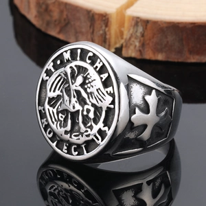 Vintage silver St. Michael Archangel shield ring for men with cross detail on side