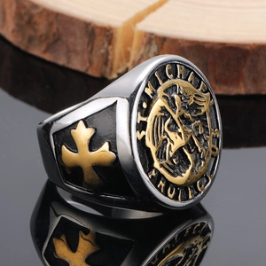 Vintage stainless steel Saint Michael signet ring with golden cross and angel engraving