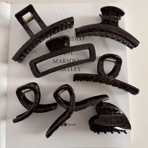 6-piece set of brown leopard print resin hair claws in various elegant geometric shapes