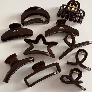 French Style Chocolate Brown Hair Claw Clips For Women Large Acrylic Shark Clips Letter Label Vintage Hair Accessories