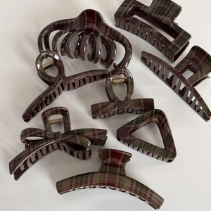 7-piece set of dark red British tartan plaid hair claws in various geometric shapes