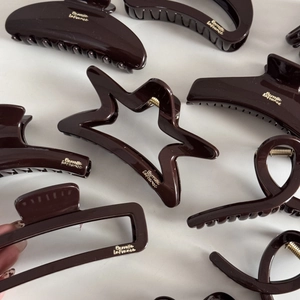 Chocolate brown geometric hair claws set with gold logo barrettes for women