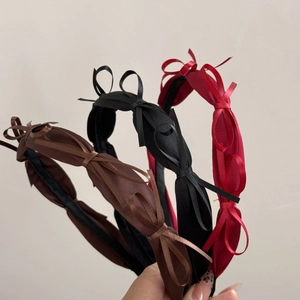 Bow tie headband set in black red and brown silk fabric for women hair styling