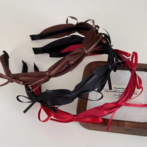 Elegant French style silk ribbon bow headband in black brown and red color set