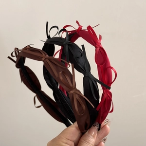 French style satin bow headband set in black, brown, and red colors for elegant styling
