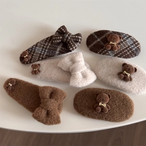 Lot de 6 barrettes à cheveux à carreaux d'automne avec ours en peluche et nœuds