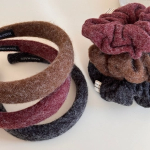 Maillard style fuzzy plush hairband and scrunchie set in burgundy brown and grey