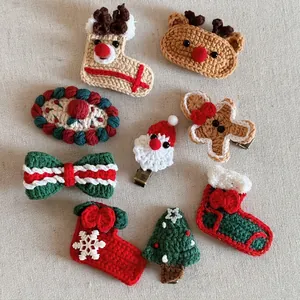 Handmade Crochet Christmas Hair Clips Reindeer Santa Tree Gingerbread Man Socks Bowknot BB Clip For Women Girls Hair Accessories