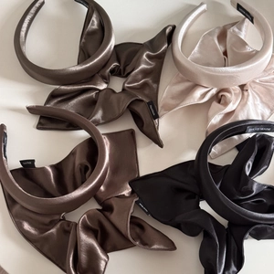 Elegant satin hair scrunchies set with ribbons in brown champagne and black colors