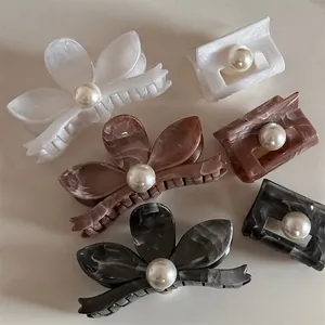 Retro Ink Texture Flower Faux Artificial Pearl Hair Claw Clip Large Acetate Rectangular Shark Clip Elegant Hair Accessory For Women
