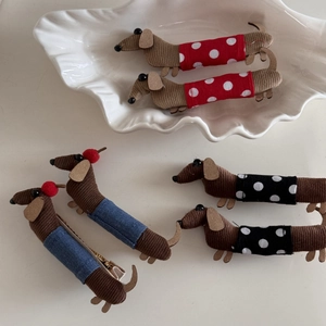 Cute cartoon dachshund dog hair clips in corduroy fabric with colorful knitted clothes