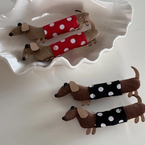 Cute cartoon dachshund dog hair clips with red and black polka dot fabric details