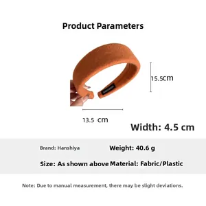 Detailed size chart for orange plush fabric headband showing 15.5cm by 13.5cm dimensions
