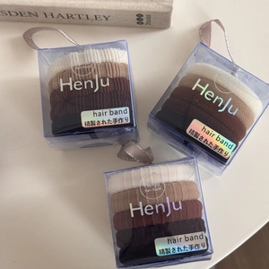 Detail view of 5-piece seamless hair ties in earth tones and textured rib fabric