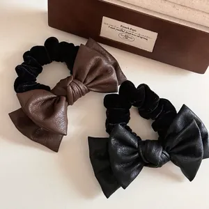 Vintage Faux Leather Bowknot Hair Scrunchies Velvet Elastic Hair Ties High End Bow Knot Hair Bands For Women Daily Hair Accessories