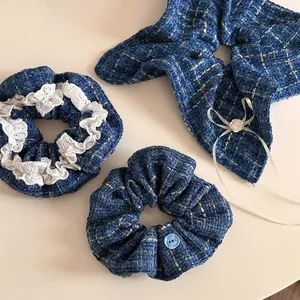 Vintage Tweed Scrunchies For Women Elegant Plaid Hair Ties With Button Lace Bow French Style Hair Accessories Blue