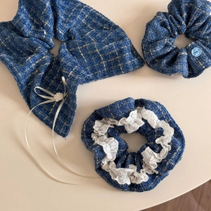 Blue tweed scrunchie and bow hair tie set with gold metallic thread and lace trim