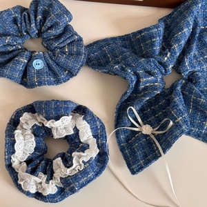 Blue tweed scrunchies and bow hair ties set with button and lace details