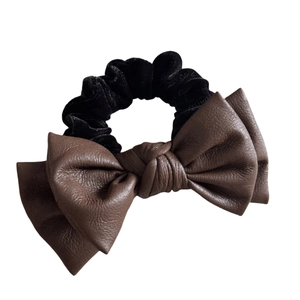 Elegant double-layered brown leather bow hair scrunchie with a black velvet elastic tie