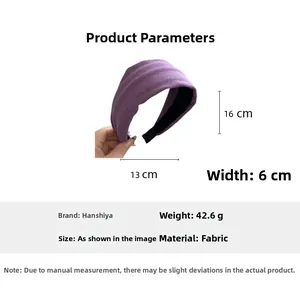 Detailed size chart for the purple wide fabric headband showing 13x16cm dimensions