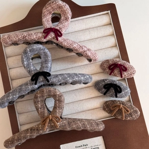 6-piece winter plaid tweed hair clip set with velvet bows in pink, grey and brown tones