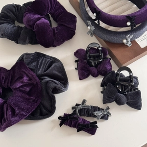 Vintage purple velvet hair accessory set with scrunchies and pearl clips for women