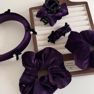 French vintage dark purple velvet hair accessories set with pearls and bows for women