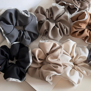 Elegant scrunchie set in earth tones with white organza trim and faux pearl accents