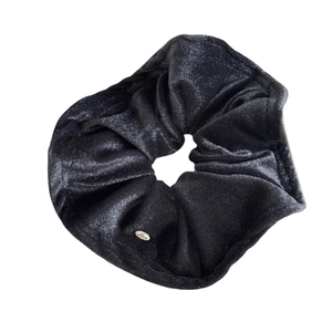 Elegant black velvet scrunchie for women with a vintage love engraved metal pendant
