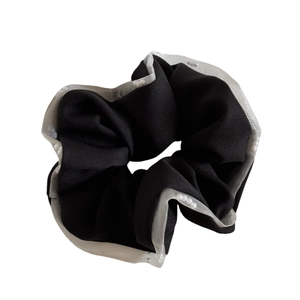 Elegant black and white organza scrunchie with white pearl trim for hair styling