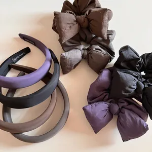 Solid Color Satin Padded Headband And Large Bow Knot Scrunchie For Women Elegant Pleated Fabric Hair Ties Hair Accessories