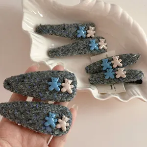 Korean Style Cute Bear Cloth Art Hair Clip Sweet Tweed Fabric Resin Bear Bang Clip For Girls Kids Daily Hair Accessories