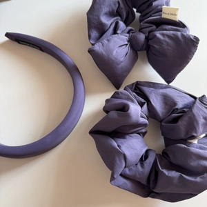 Three-piece lilac purple puffy headband and oversized bow scrunchie hair accessory set
