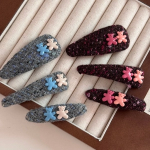 Cute teddy bear fabric BB hair clips in blue and burgundy presented in a gift box