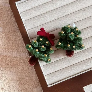 Handmade Christmas Tree Hair Clip Chenille Twist Stick Hairpin With Red Bow Artificial Pearl Festive Hair Accessories For Women