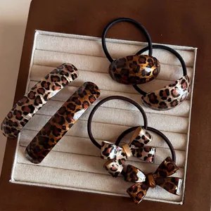 Vintage Leopard Print Hair Accessories Handmade Fabric Bow Geometric Hair Rope Elastic Scrunchies For Women Retro Styling Jewelry