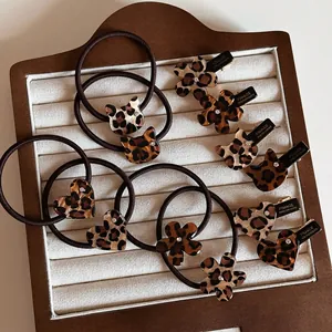 Leopard Print Hair Clip Elastic Hair Tie Rhinestone Acetate Heart Flower Cat Shaped Duckbill Clip Hair Accessory For Women