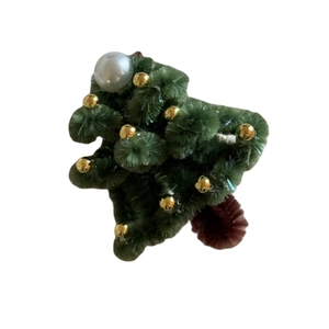 Handmade Christmas tree hair clip made of green chenille stems with golden beads