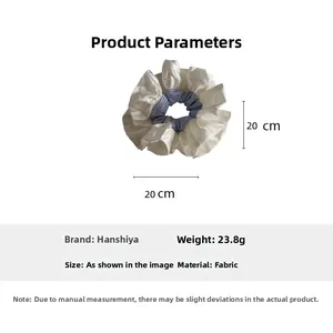 Detailed parameter view showing the 20cm diameter of the blue striped satin scrunchie