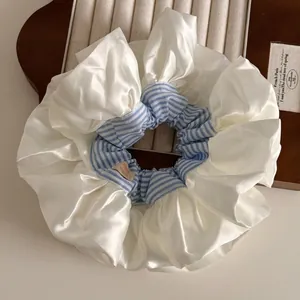 Oversized Satin Lace Scrunchie Balletcore Blue Striped Hair Tie Handmade Label Sweet Princess Hair Accessories For Women