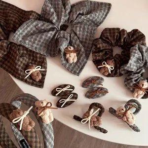 Retro Plaid Bow Teddy Bear Scrunchie Plush Hair Tie Bowknot Headband Hair Claw Clip Set For Women Sweet Hair Accessories