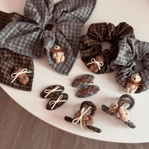 Vintage plaid hair scrunchies and clips set featuring cute bow-tie bear doll ornaments
