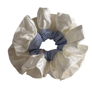 Oversized satin ruffle hair scrunchie with blue stripes and handmade label