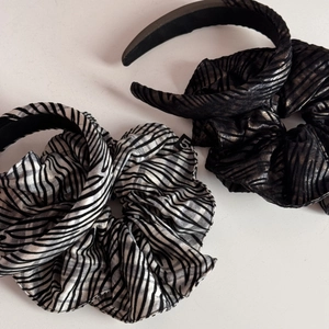 Elegant zebra pattern and bronze metallic scrunchies with pleated texture for women