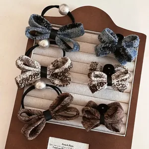 Vintage Tweed Bow Hair Clip Elegant Artificial Pearl Hair Tie Sweet Plaid Butterfly Hair Accessories For Women French Style Headwear