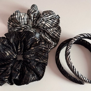 Zebra print hair accessory set with metallic finish scrunchies and headbands